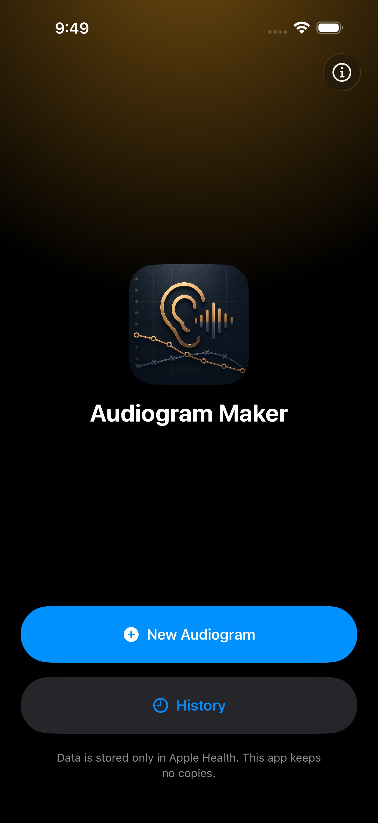 Audiogram Maker home screen on iPhone in dark mode: the app icon (an ear with a small audiogram chart underneath) sits near the top with a soft amber glow descending from above, the app name 'Audiogram Maker' is below the icon, and two large buttons — New Audiogram and History — are pinned to the bottom