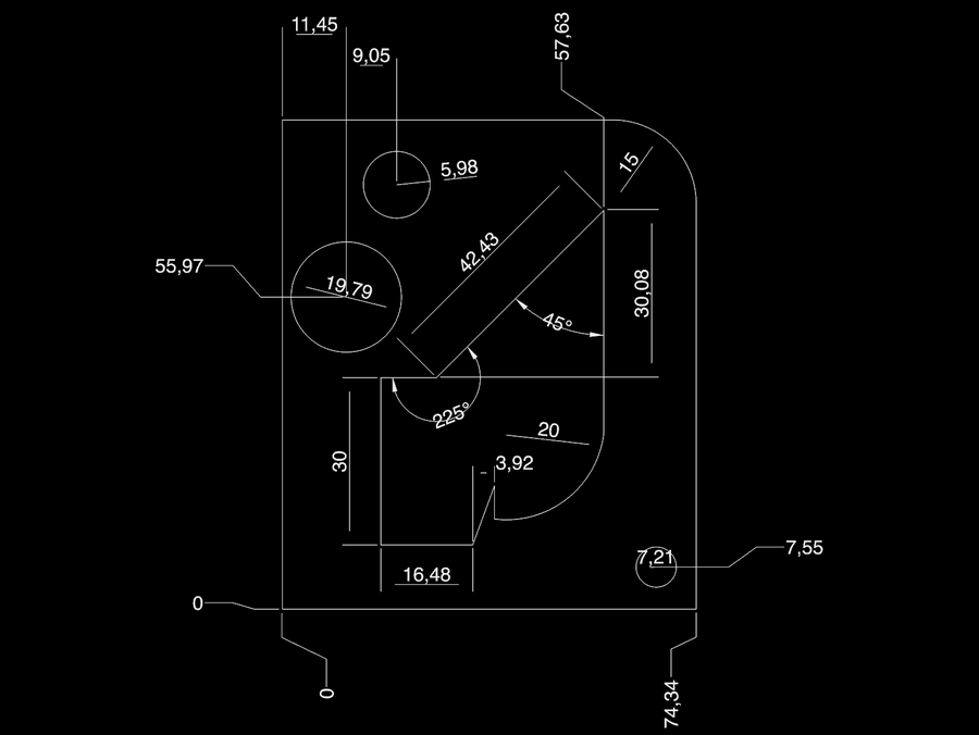 A CAD QuickLook preview of a 2D DXF drawing of a dimensioned plate, shown flat with its dimensions and angles