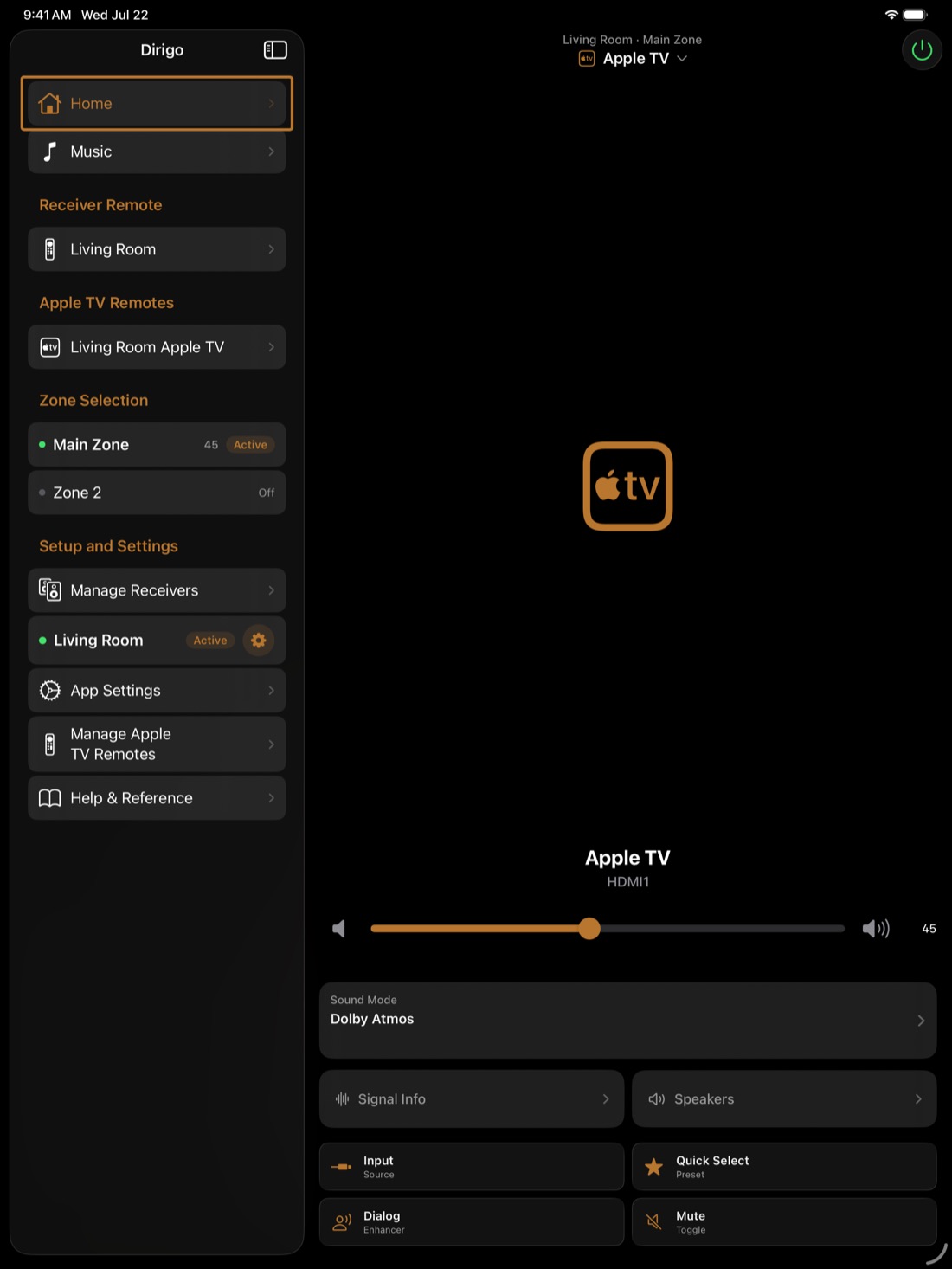 Dirigo on iPad: a sidebar listing Home, Music, the Living Room receiver remote, the Living Room Apple TV remote, a Zone Selection section showing Main Zone active at volume 45 and Zone 2 off, and setup entries — beside a detail pane showing the Apple TV input on HDMI1, the volume slider, Dolby Atmos sound mode, and the same quick actions as on iPhone.