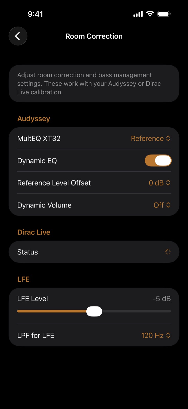 Dirigo's Room Correction screen: an Audyssey section with MultEQ XT32 set to Reference, Dynamic EQ switched on, Reference Level Offset at 0 dB and Dynamic Volume off; a Dirac Live section showing status; and an LFE section with LFE Level at minus 5 dB and a low-pass filter for LFE at 120 Hz.