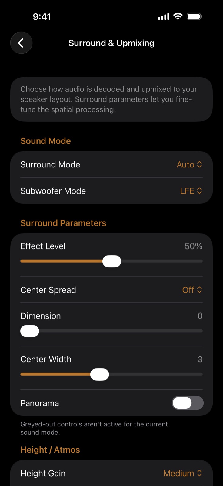 Dirigo's Surround and Upmixing screen: Surround Mode set to Auto and Subwoofer Mode to LFE, then surround parameters for Effect Level at 50 percent, Center Spread off, Dimension at 0, Center Width at 3, and a Panorama switch. A note reads that greyed-out controls aren't active for the current sound mode. Below, a Height / Atmos section with Height Gain set to Medium.