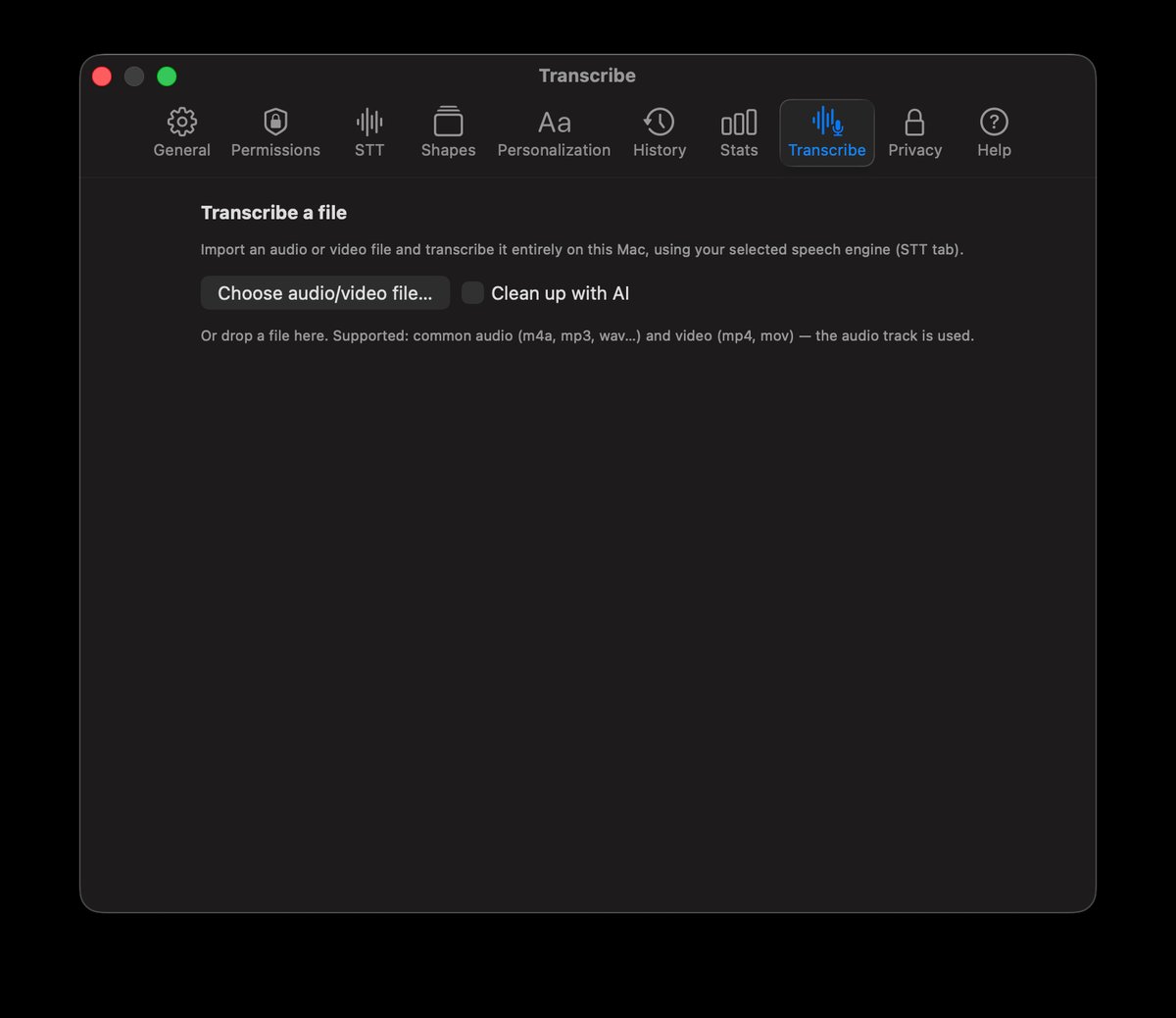 Quoth Transcribe tab — choose an audio or video file, with an optional 'clean up with AI' toggle, to transcribe on-device.